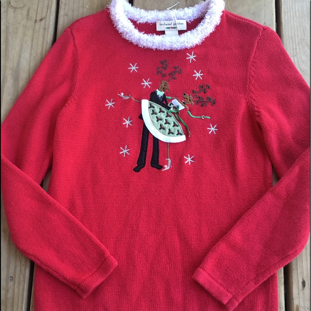 Red Christmas Reindeer Sweater PETITE MEDIUM